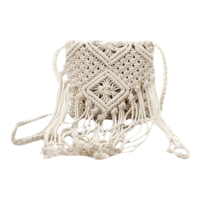 Lobagve Women Crochet Beach Bag Fringed Bohemian Crossbody Shoulder Purse Cotton Pouch,White - Image 1
